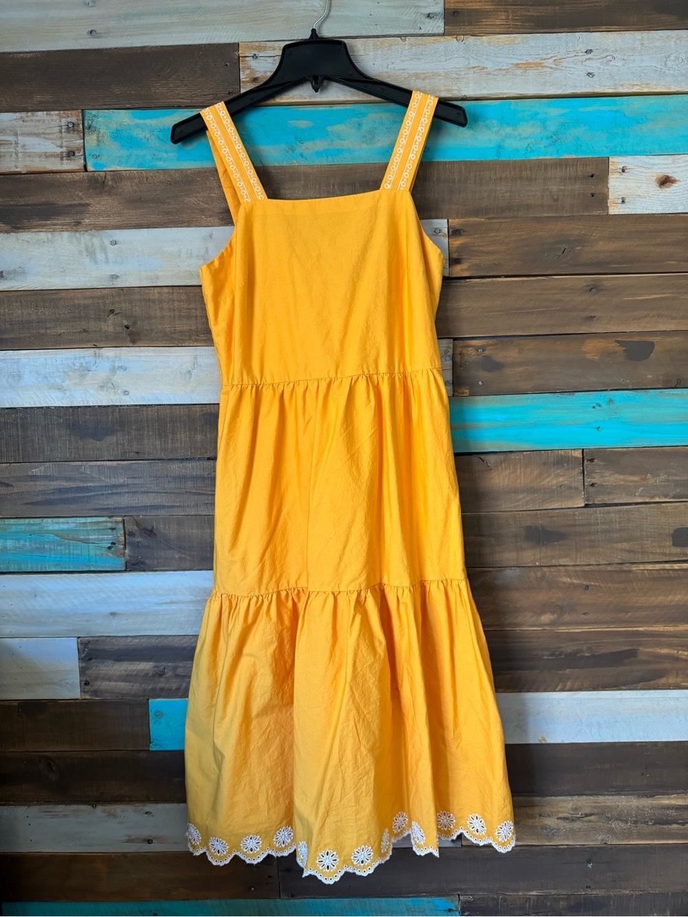 J.Crew Yellow Embroidered Eyelet Strap Tiered Midi Dress Scallop Daisy Hem| Sz 4